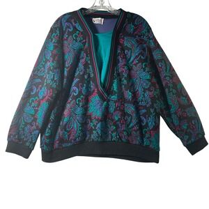 Cricket Lane Black‎ Floral Print V Neck Sweatshirt Top Women's Size XL